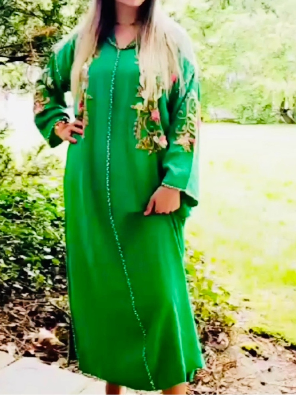 Green Embroidered Women's Long Dress